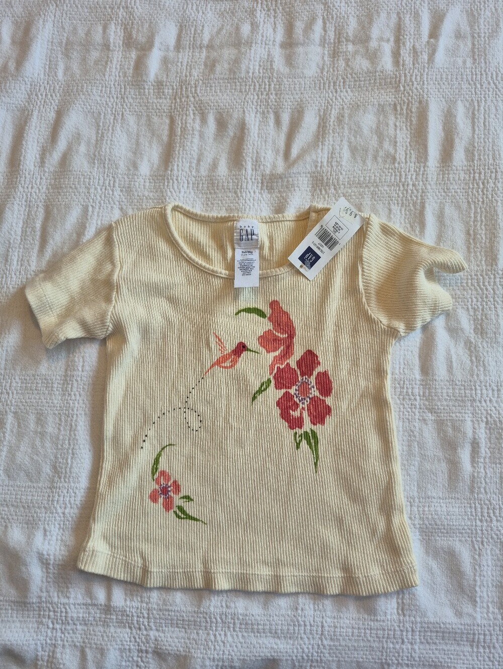 Gap girls 3 years short sleeve ribbed shirt, flower & hummingbird design NEW